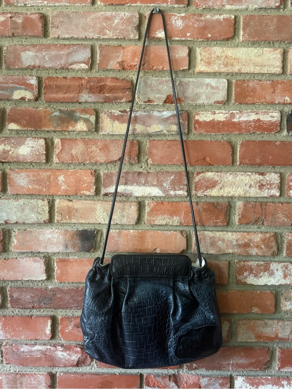 Vintage Carlos Falchi Black Crocodile Embossed Leather Slouchy Shoulder Bag